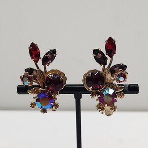 Vintage MCM Goldtone Red Purple Aurora Borealis Floral Spray Clip Earrings